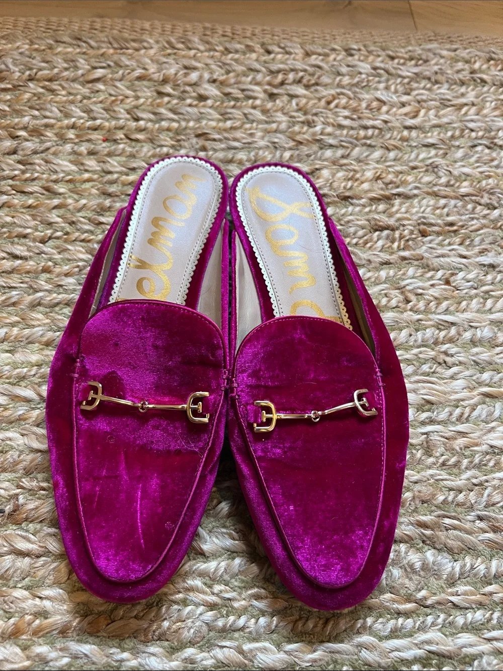 Sam Edelman Fuchsia Velvet Backless Mules with Gold Bit - Picture 1 of 4